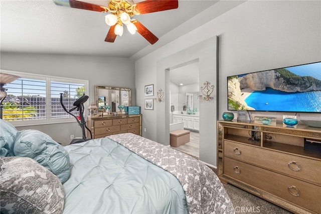 35189 Ravencrest Ct, Yucaipa, CA 92399 - bedroom featuring vaulted ceiling, ensuite bathroom, ceiling fan, and carpet floors