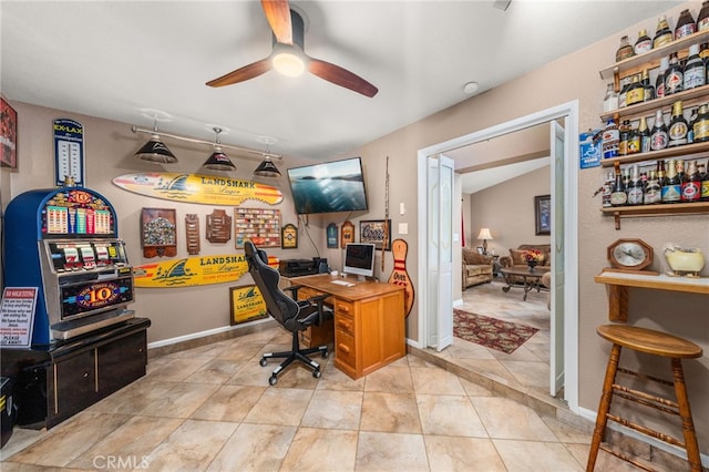 35189 Ravencrest Ct, Yucaipa, CA 92399 - home office with ceiling fan, baseboards, and light tile patterned floors
