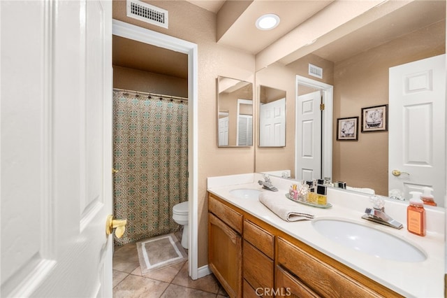 35189 Ravencrest Ct, Yucaipa, CA 92399 - bathroom featuring toilet, tile patterned floors, double vanity, and a shower with shower curtain