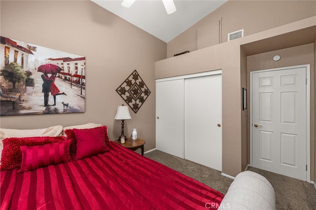 35189 Ravencrest Ct, Yucaipa, CA 92399 - carpeted bedroom with high vaulted ceiling, a closet, and a ceiling fan