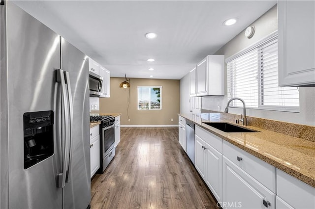 57330 Old Haggard Rd, Yucca Valley, CA 92284 - kitchen featuring appliances with stainless steel finishes, a sink, dark wood-style flooring, white cabinets, and recessed lighting