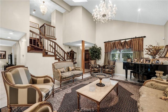 7936 Laramie Ave, Winnetka, CA 91306 - living area with high vaulted ceiling, a chandelier, stairway, baseboards, and recessed lighting