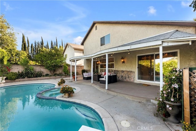 7936 Laramie Ave, Winnetka, CA 91306 - view of swimming pool featuring outdoor lounge area, a patio, a fenced backyard, and a pool with connected hot tub