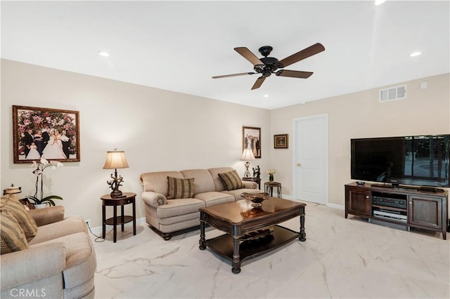 7936 Laramie Ave, Winnetka, CA 91306 - living room featuring light marble finish flooring, ceiling fan, baseboards, and recessed lighting