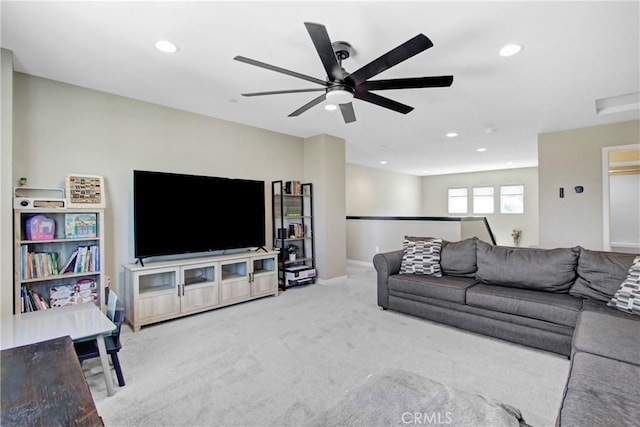 1212 Venice Ave, Mentone, CA 92359 - living room with a ceiling fan, recessed lighting, carpet, and baseboards