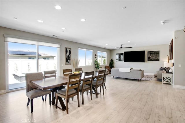 1212 Venice Ave, Mentone, CA 92359 - dining area with light wood finished floors, recessed lighting, ceiling fan, and baseboards