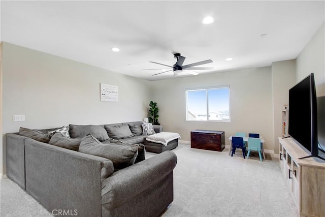 1212 Venice Ave, Mentone, CA 92359 - living room featuring light carpet, a ceiling fan, recessed lighting, and baseboards
