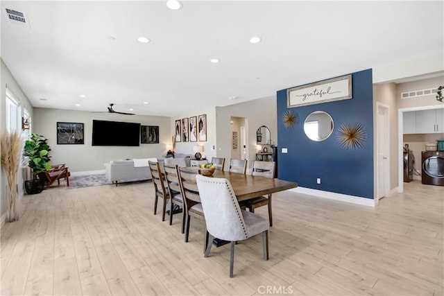 1212 Venice Ave, Mentone, CA 92359 - dining space featuring separate washer and dryer, recessed lighting, light wood-type flooring, ceiling fan, and baseboards