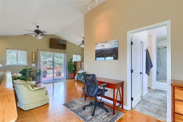 6097 Sherlock Rd, Midpines, CA 95345 - office space with ceiling fan, lofted ceiling, and wood finished floors