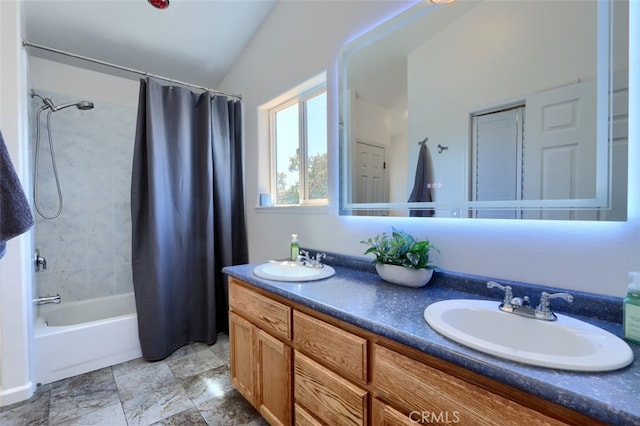 6097 Sherlock Rd, Midpines, CA 95345 - full bath featuring shower / tub combo with curtain and double vanity
