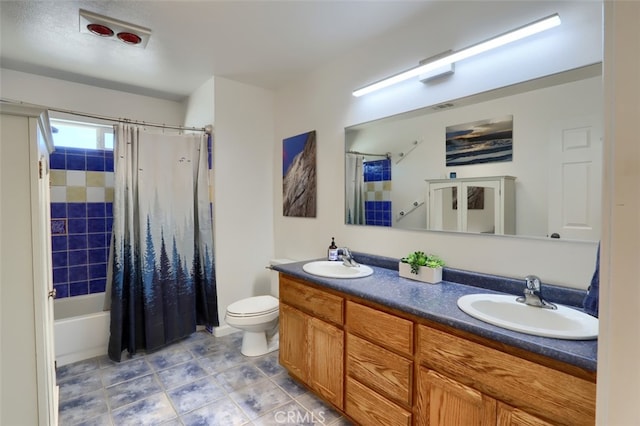 6097 Sherlock Rd, Midpines, CA 95345 - bathroom with double vanity, toilet, shower / bath combination with curtain, and tile patterned flooring