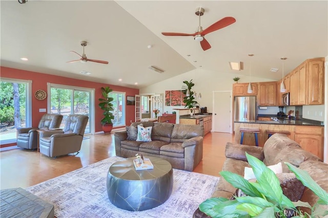 6097 Sherlock Rd, Midpines, CA 95345 - living area featuring ceiling fan, light wood-type flooring, lofted ceiling, and recessed lighting