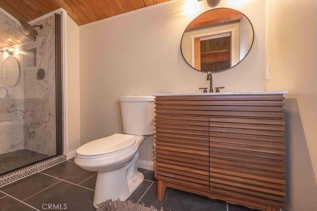 945 Tinker Bell Ave, Big Bear City, CA 92314 - bathroom with wooden ceiling, a stall shower, tile patterned floors, toilet, and baseboards