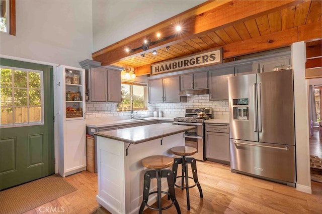 945 Tinker Bell Ave, Big Bear City, CA 92314 - kitchen with appliances with stainless steel finishes, gray cabinets, beam ceiling, light wood finished floors, and decorative backsplash