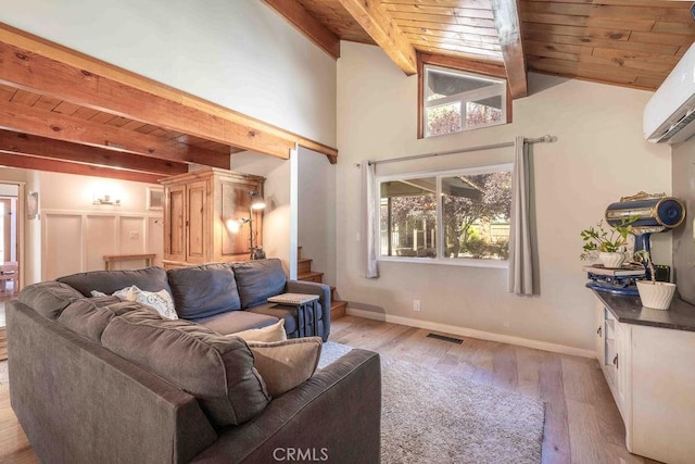 945 Tinker Bell Ave, Big Bear City, CA 92314 - living area featuring wooden ceiling, light wood finished floors, stairway, baseboards, and a wall unit AC