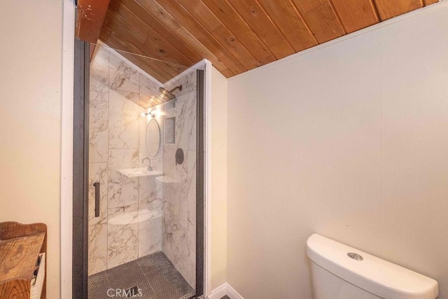 945 Tinker Bell Ave, Big Bear City, CA 92314 - bathroom with a shower stall, toilet, and wood ceiling
