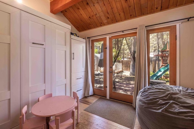 945 Tinker Bell Ave, Big Bear City, CA 92314 - doorway to outside featuring light wood finished floors, french doors, and wood ceiling