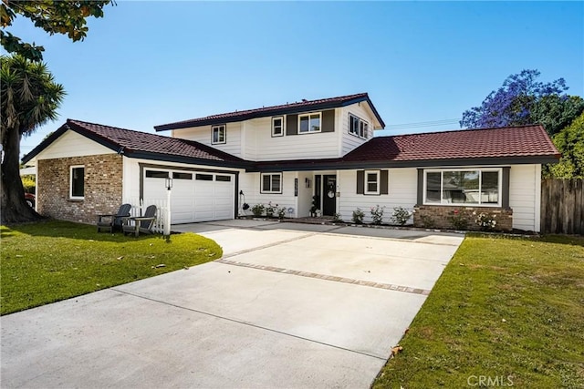 13381 Del Cerro Dr, Tustin, CA 92780 - traditional home featuring concrete driveway, a garage, a tile roof, and brick siding
