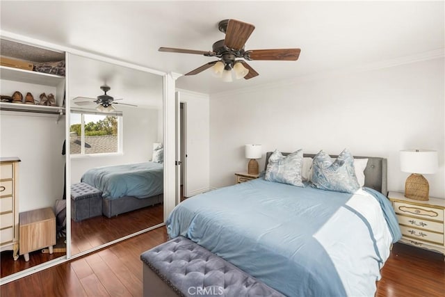 13381 Del Cerro Dr, Tustin, CA 92780 - bedroom with wood finished floors, crown molding, ceiling fan, and a closet