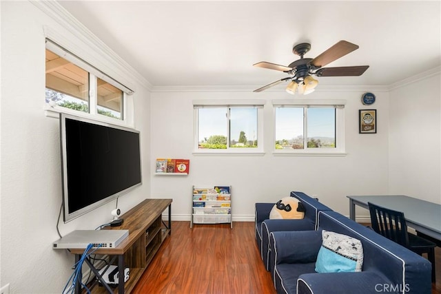 13381 Del Cerro Dr, Tustin, CA 92780 - living area with healthy amount of natural light, ceiling fan, wood finished floors, crown molding, and baseboards