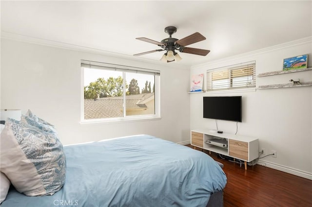 13381 Del Cerro Dr, Tustin, CA 92780 - bedroom with crown molding, multiple windows, baseboards, wood finished floors, and a ceiling fan