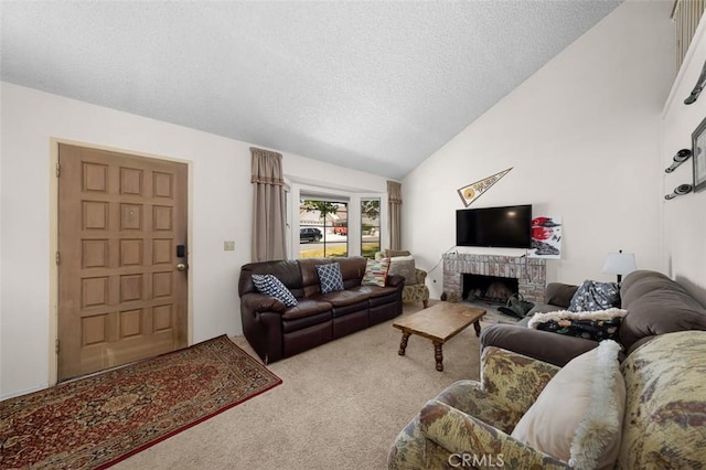 7206 Mimosa Dr, Carlsbad, CA 92011 - living room with carpet floors, a textured ceiling, lofted ceiling, and a fireplace