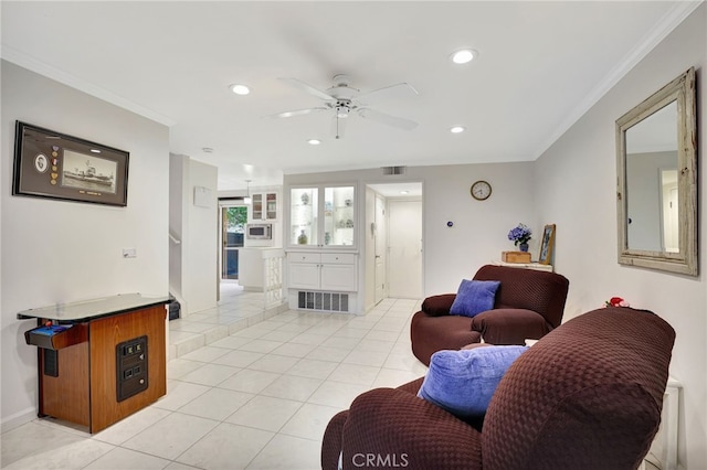 10145 Larwin Ave Unit 2, Chatsworth, CA 91311 - living area featuring light tile patterned floors, a ceiling fan, recessed lighting, ornamental molding, and baseboards