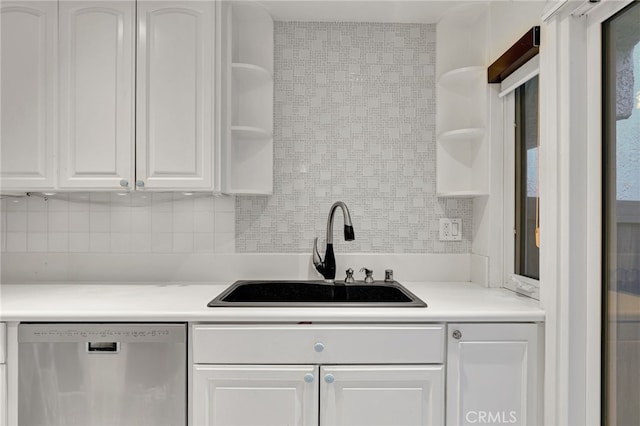 10145 Larwin Ave Unit 2, Chatsworth, CA 91311 - kitchen featuring open shelves, stainless steel dishwasher, a sink, backsplash, and white cabinets