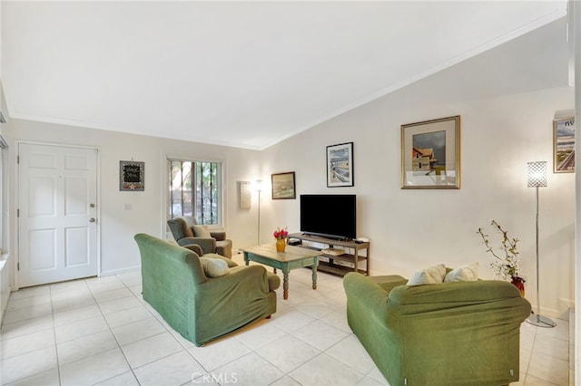 10145 Larwin Ave Unit 2, Chatsworth, CA 91311 - living room with light tile patterned floors, lofted ceiling, ornamental molding, and baseboards