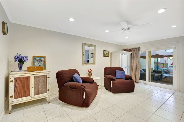 10145 Larwin Ave Unit 2, Chatsworth, CA 91311 - living area with a ceiling fan, light tile patterned flooring, recessed lighting, and crown molding