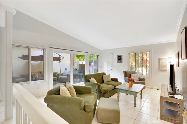 10145 Larwin Ave Unit 2, Chatsworth, CA 91311 - living area with healthy amount of natural light, light tile patterned floors, vaulted ceiling, ornamental molding, and baseboards