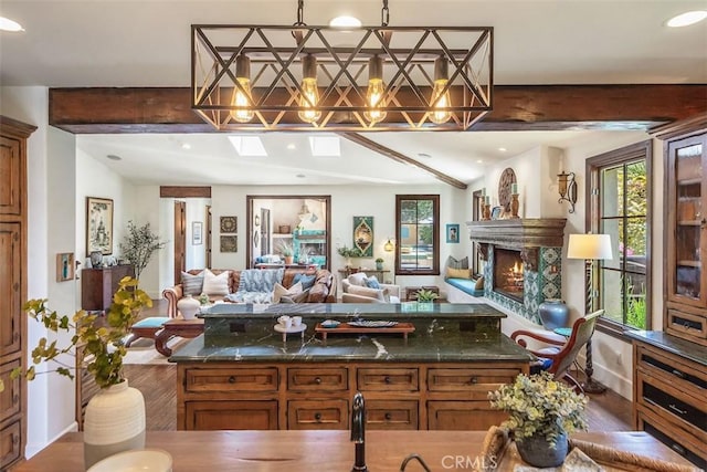3904 Via Cardelina, Palos Verdes Estates, CA 90274 - living room with wood finished floors, beam ceiling, a fireplace, recessed lighting, and baseboards