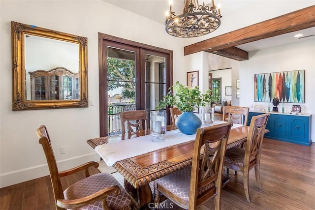 3904 Via Cardelina, Palos Verdes Estates, CA 90274 - dining space featuring a chandelier, baseboards, wood finished floors, beam ceiling, and recessed lighting