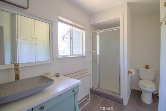 32760 Ram Ln, North Fork, CA 93643 - full bathroom featuring a stall shower, toilet, tile patterned floors, and vanity
