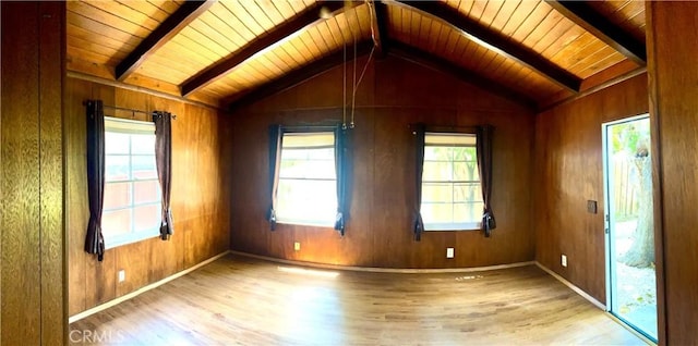 spare room with wood finished floors, baseboards, wooden walls, and wooden ceiling