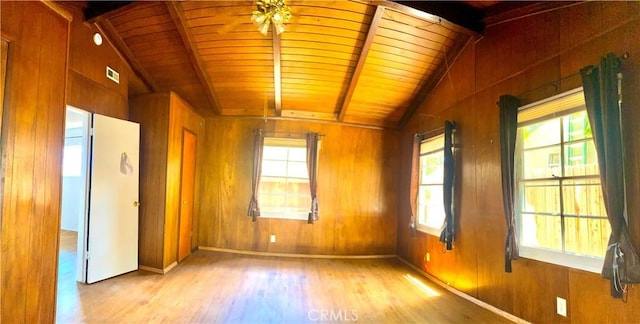 unfurnished room featuring wood finished floors, wooden ceiling, plenty of natural light, wooden walls, and baseboards