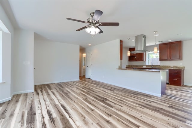 43038 Glacier Ln, Coarsegold, CA 93614 - kitchen with island exhaust hood, light wood-type flooring, a ceiling fan, recessed lighting, and open floor plan