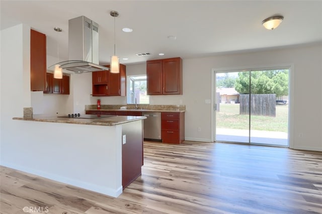 43038 Glacier Ln, Coarsegold, CA 93614 - kitchen with island range hood, dishwasher, light wood-style floors, black electric stovetop, and plenty of natural light