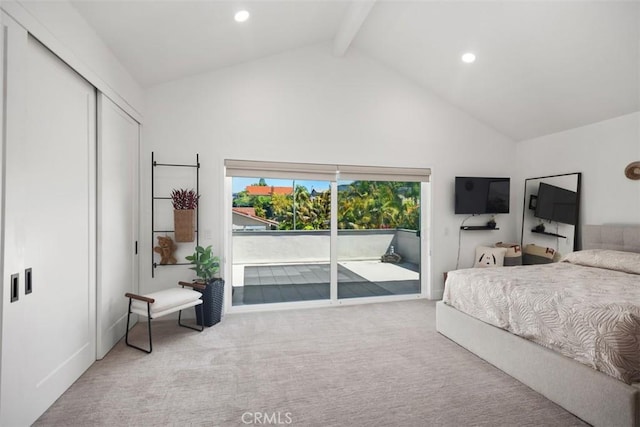 25232 Grissom Rd, Laguna Hills, CA 92653 - carpeted bedroom with access to exterior, beam ceiling, high vaulted ceiling, recessed lighting, and a closet