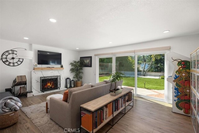 25232 Grissom Rd, Laguna Hills, CA 92653 - living area featuring a fireplace, wood finished floors, and recessed lighting