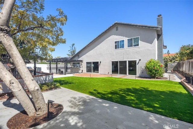25232 Grissom Rd, Laguna Hills, CA 92653 - rear view of property with a pergola, stucco siding, a patio area, and a chimney