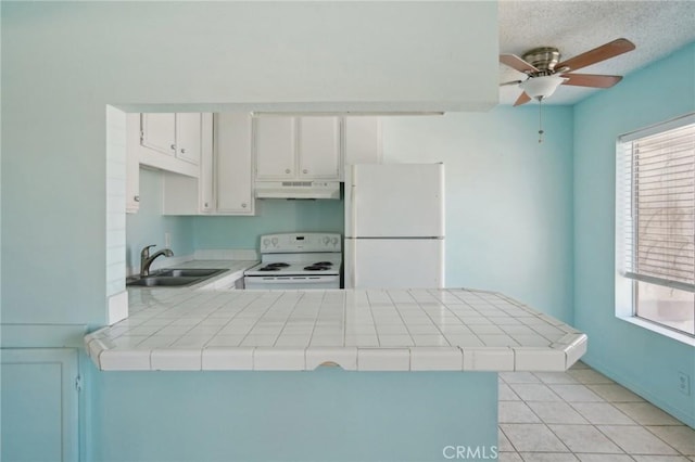 82075 Country Club Dr Unit 31, Indio, CA 92201 - kitchen featuring white appliances, under cabinet range hood, a peninsula, a sink, and tile counters