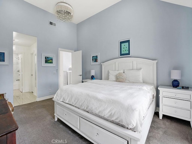 3842 Montego Dr, Huntington Beach, CA 92649 - bedroom with carpet flooring, high vaulted ceiling, baseboards, and ensuite bath