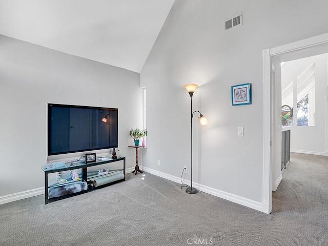 3842 Montego Dr, Huntington Beach, CA 92649 - carpeted living area featuring high vaulted ceiling and baseboards