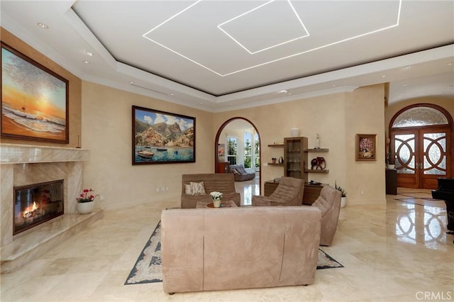 24182 Torena Cir, Mission Viejo, CA 92691 - living room with a raised ceiling, a fireplace, baseboards, recessed lighting, and ornamental molding