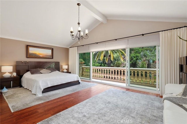 24182 Torena Cir, Mission Viejo, CA 92691 - bedroom with access to outside, a chandelier, wood finished floors, beam ceiling, and high vaulted ceiling