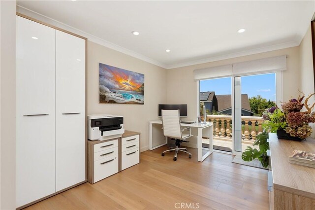 24182 Torena Cir, Mission Viejo, CA 92691 - office area featuring light wood-style flooring, crown molding, and recessed lighting