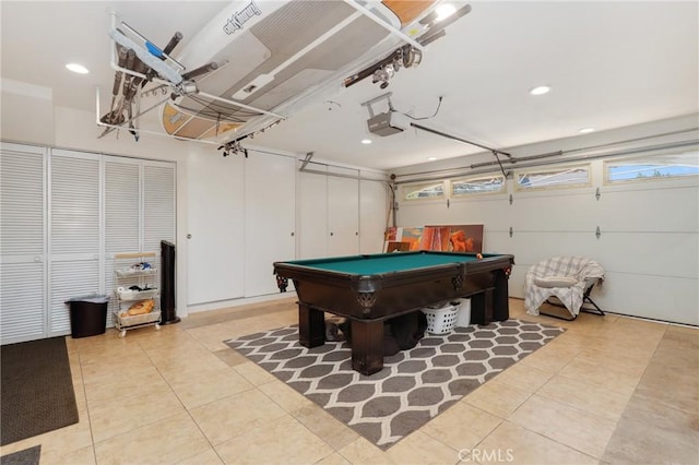 24182 Torena Cir, Mission Viejo, CA 92691 - rec room with a garage, tile patterned flooring, pool table, and recessed lighting
