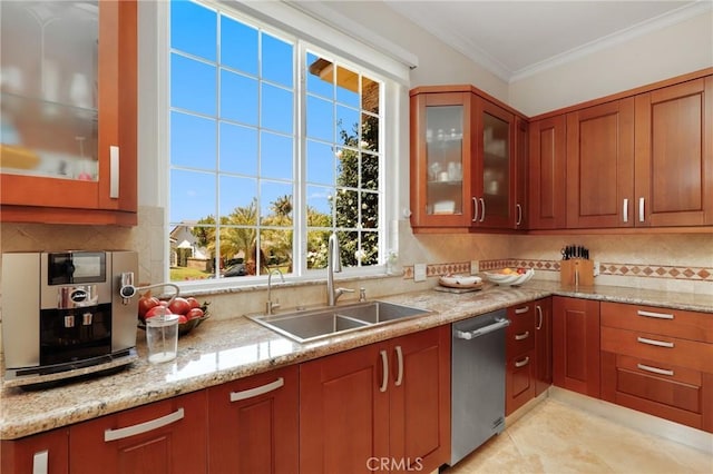 24182 Torena Cir, Mission Viejo, CA 92691 - kitchen featuring a sink, stainless steel dishwasher, tasteful backsplash, light stone countertops, and ornamental molding