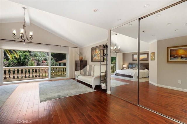 24182 Torena Cir, Mission Viejo, CA 92691 - bedroom with a chandelier, lofted ceiling, hardwood / wood-style flooring, and baseboards